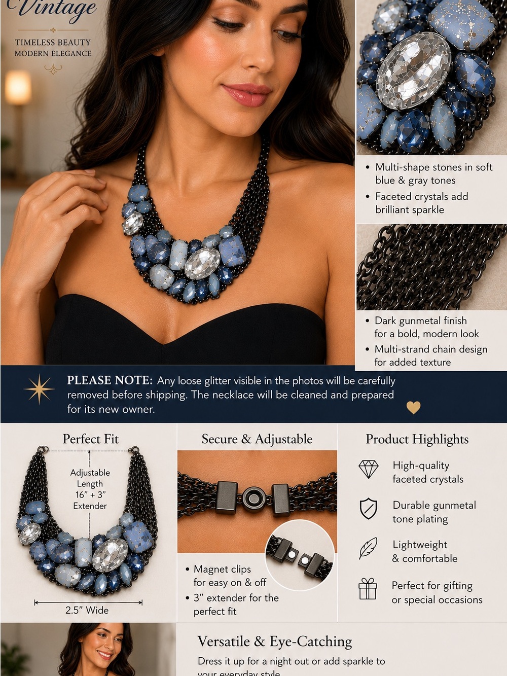 Vintage-Style Dark Gunmetal Multi-Blue Statement Necklace